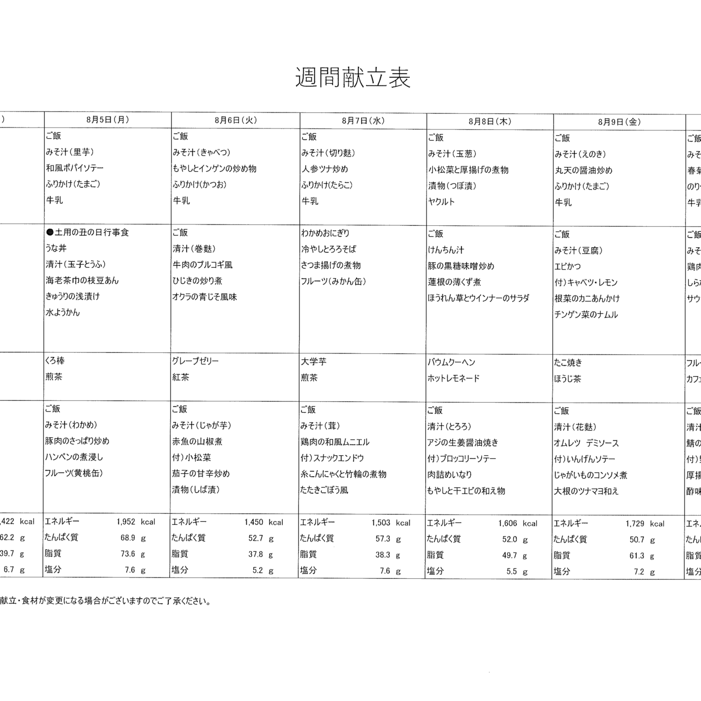 献立表8/4～8/10