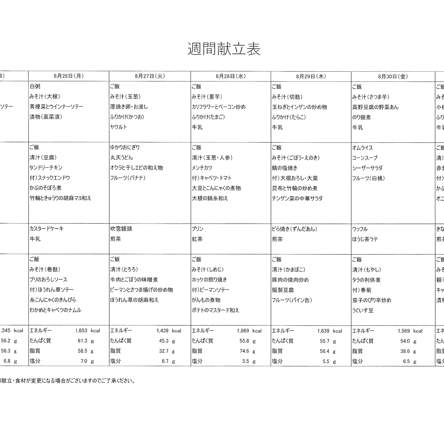 献立表8/25～8/31