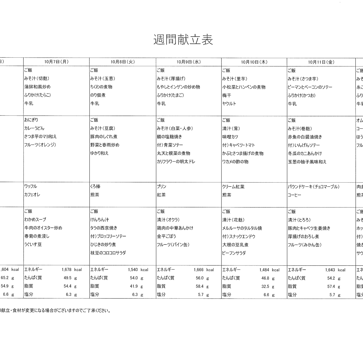 献立表10/6～10/12