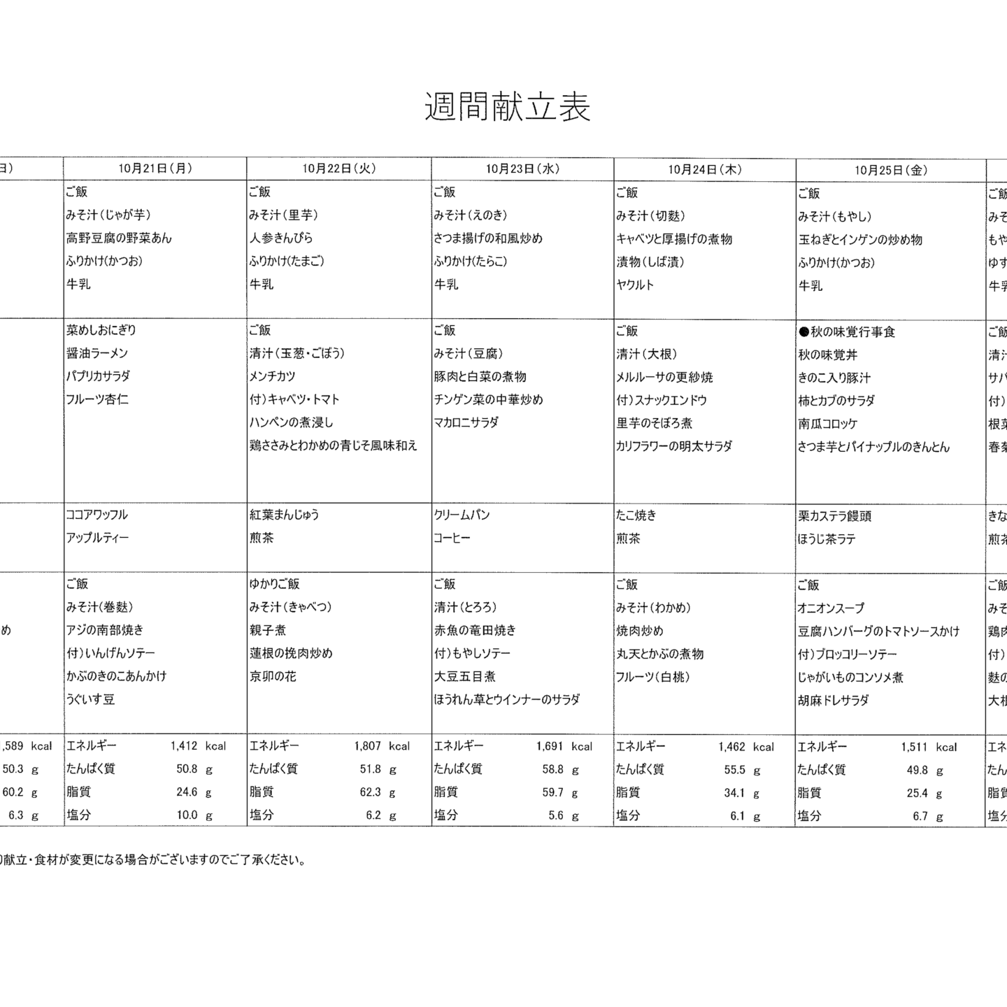 献立表10/20～10/26