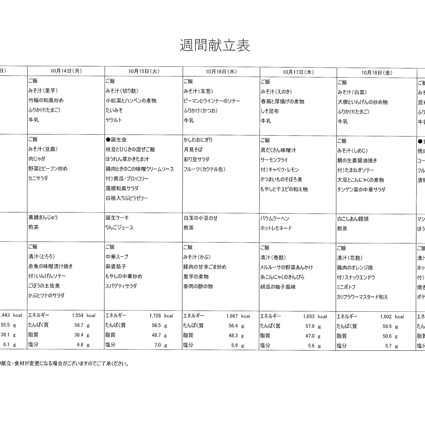 献立表10/13～10/19