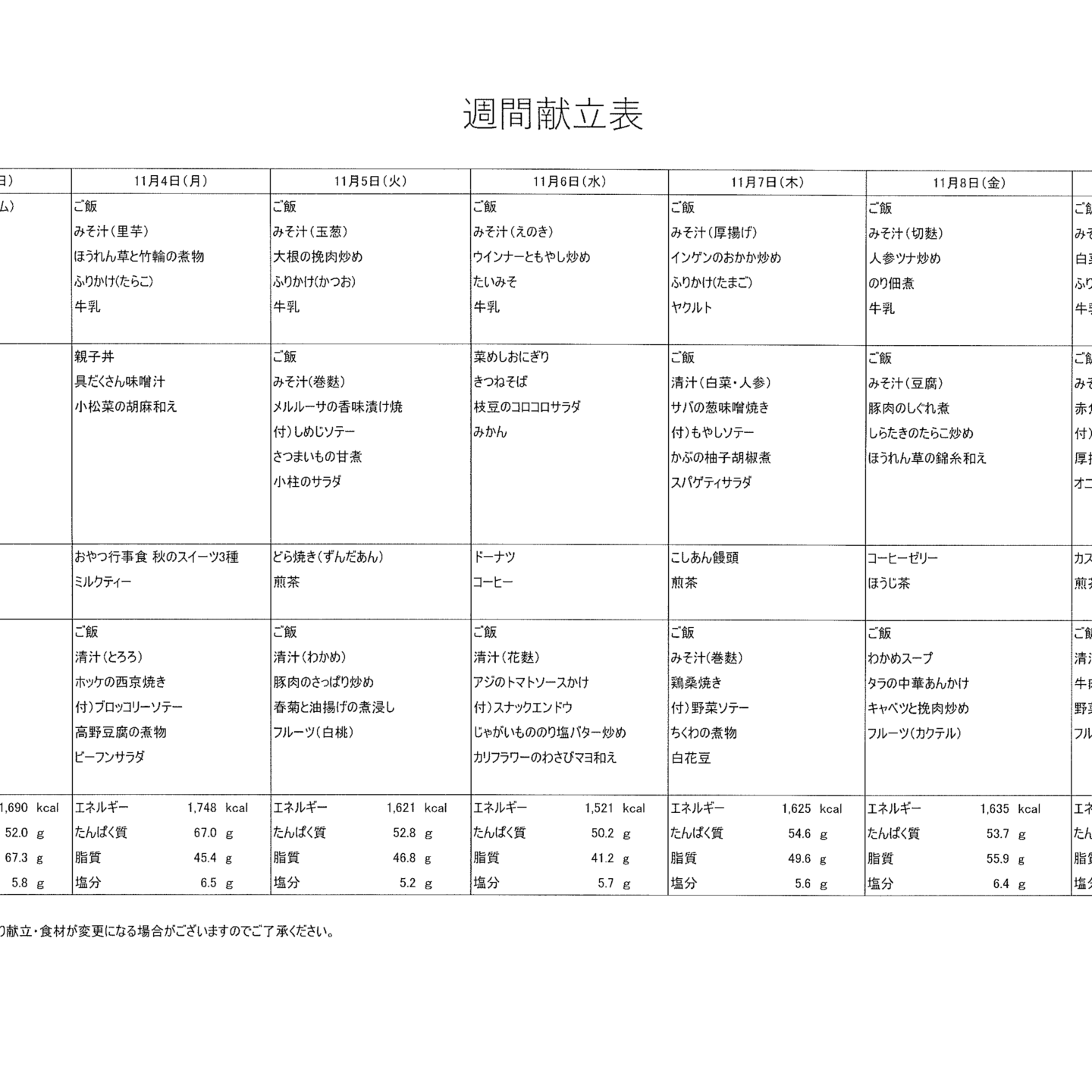 献立表11/3～11/9