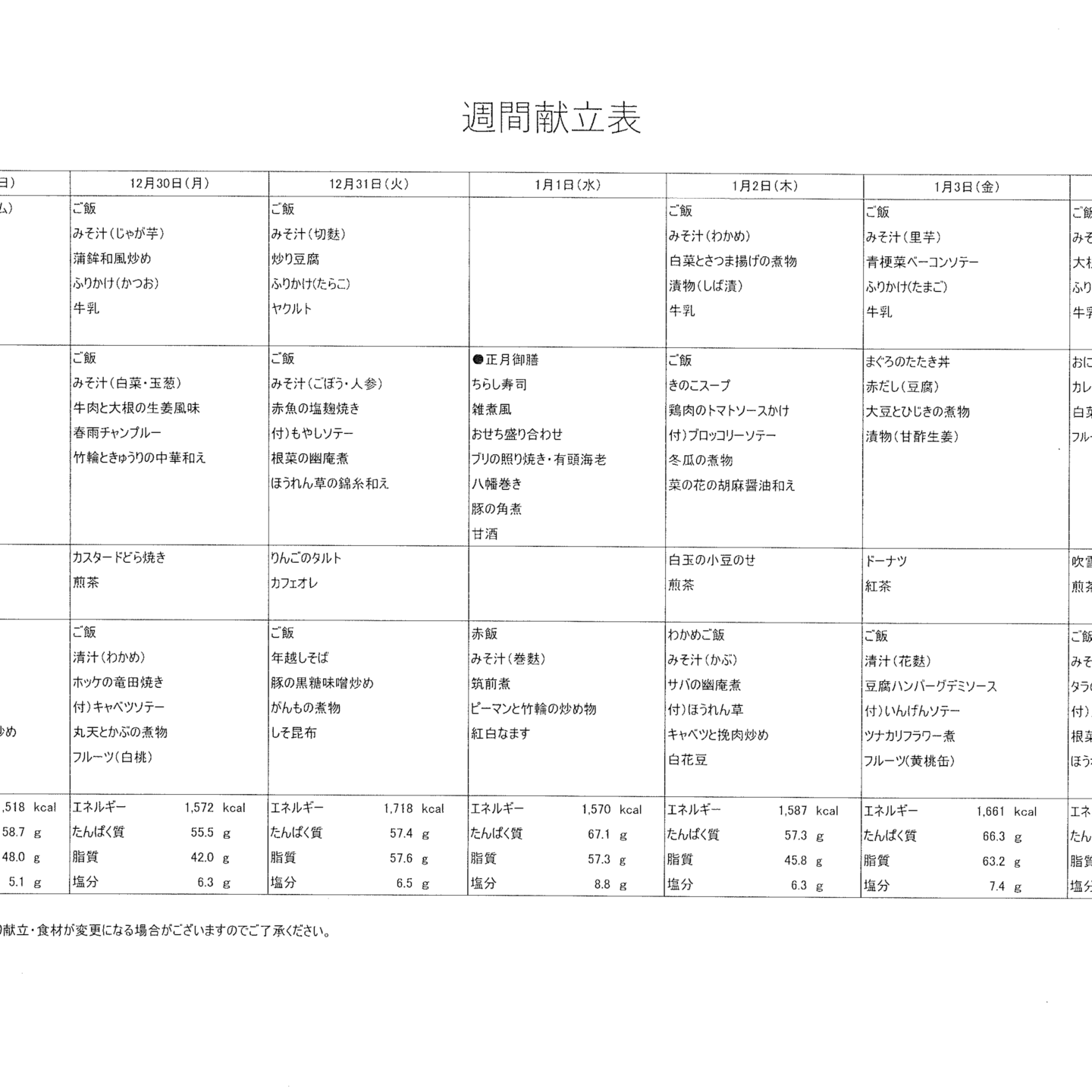 献立表12/29～1/4