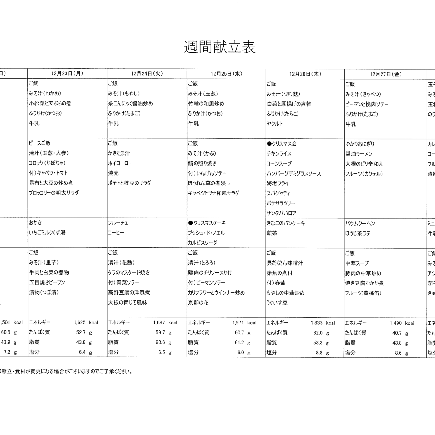 献立表12/22～12/28