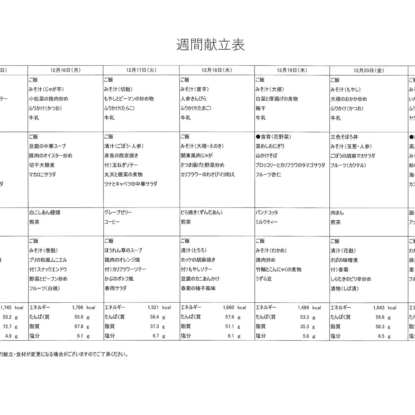 献立表12/15～12/21