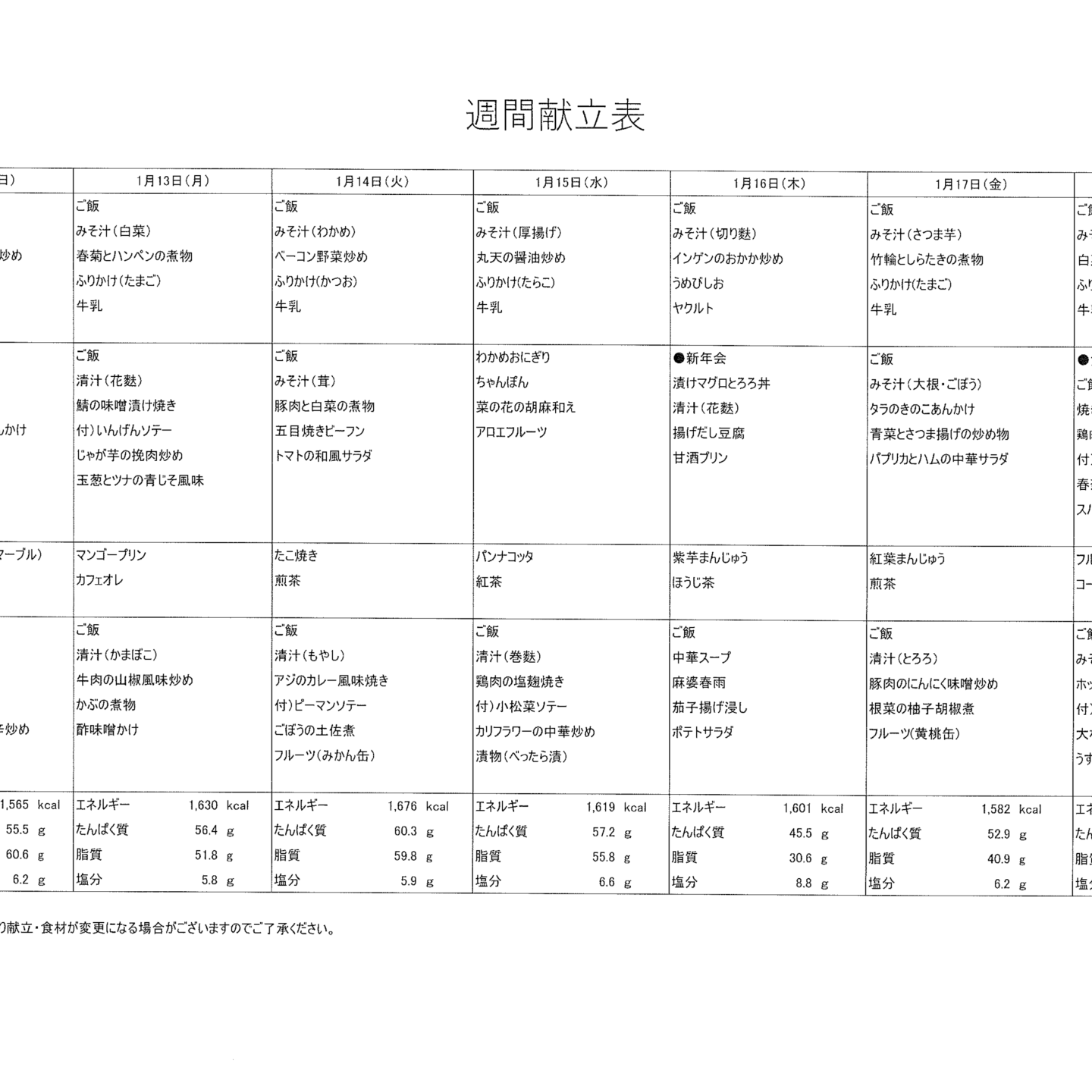 献立表1/12～1/18