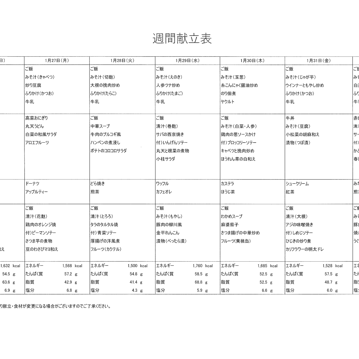 献立表1/26～2/1