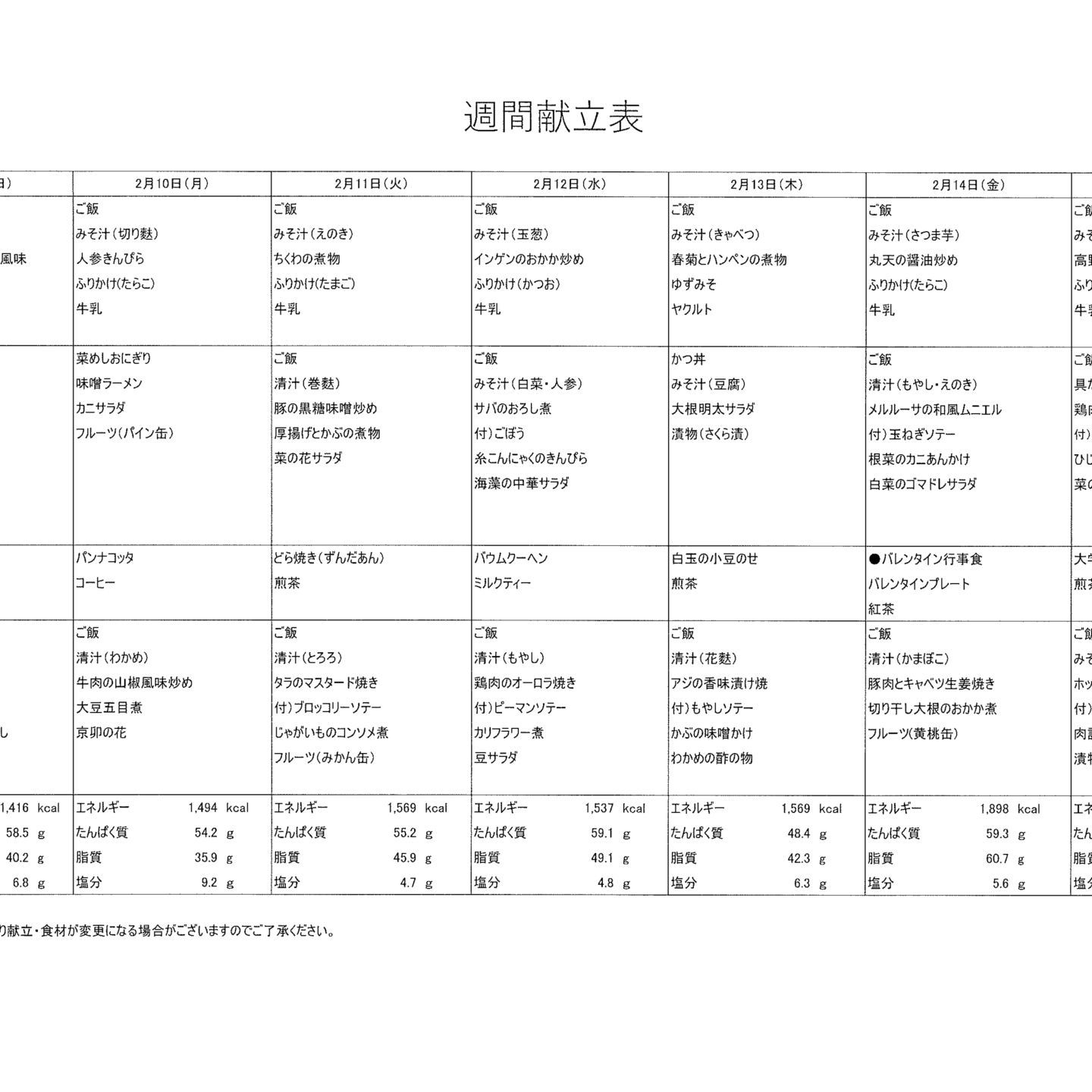 献立表2/9～2/15