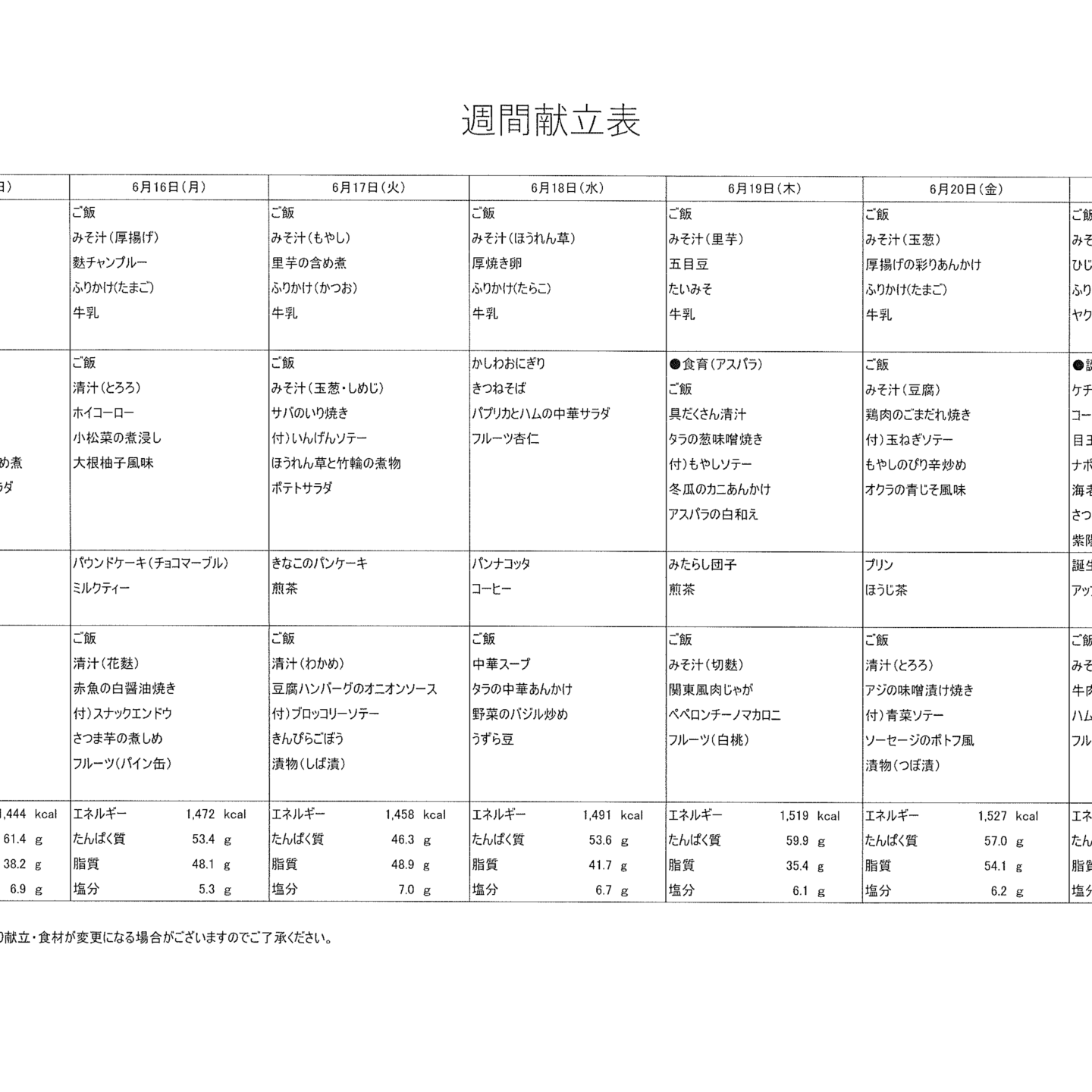 献立表6/15～6/21
