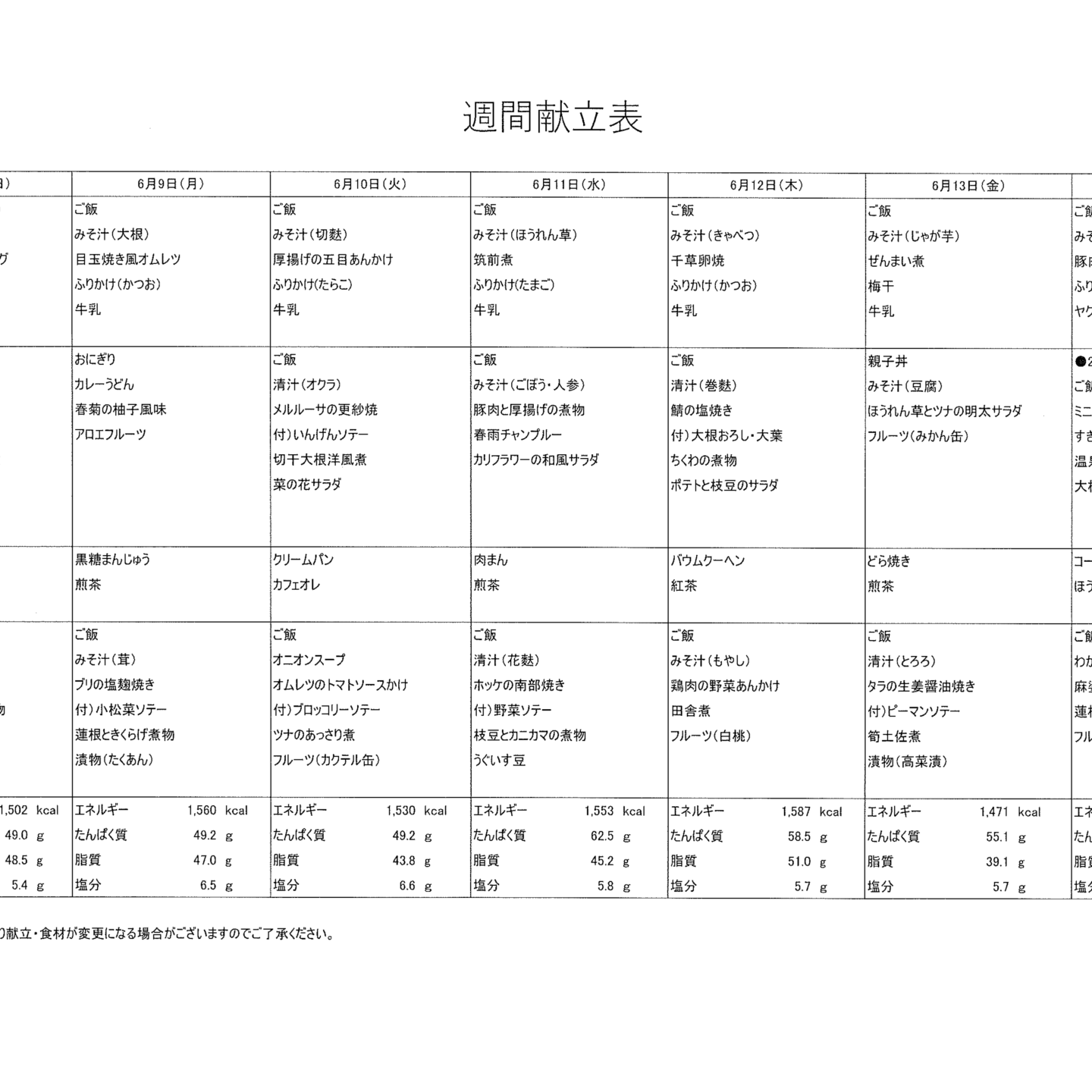 献立表6/8～6/14