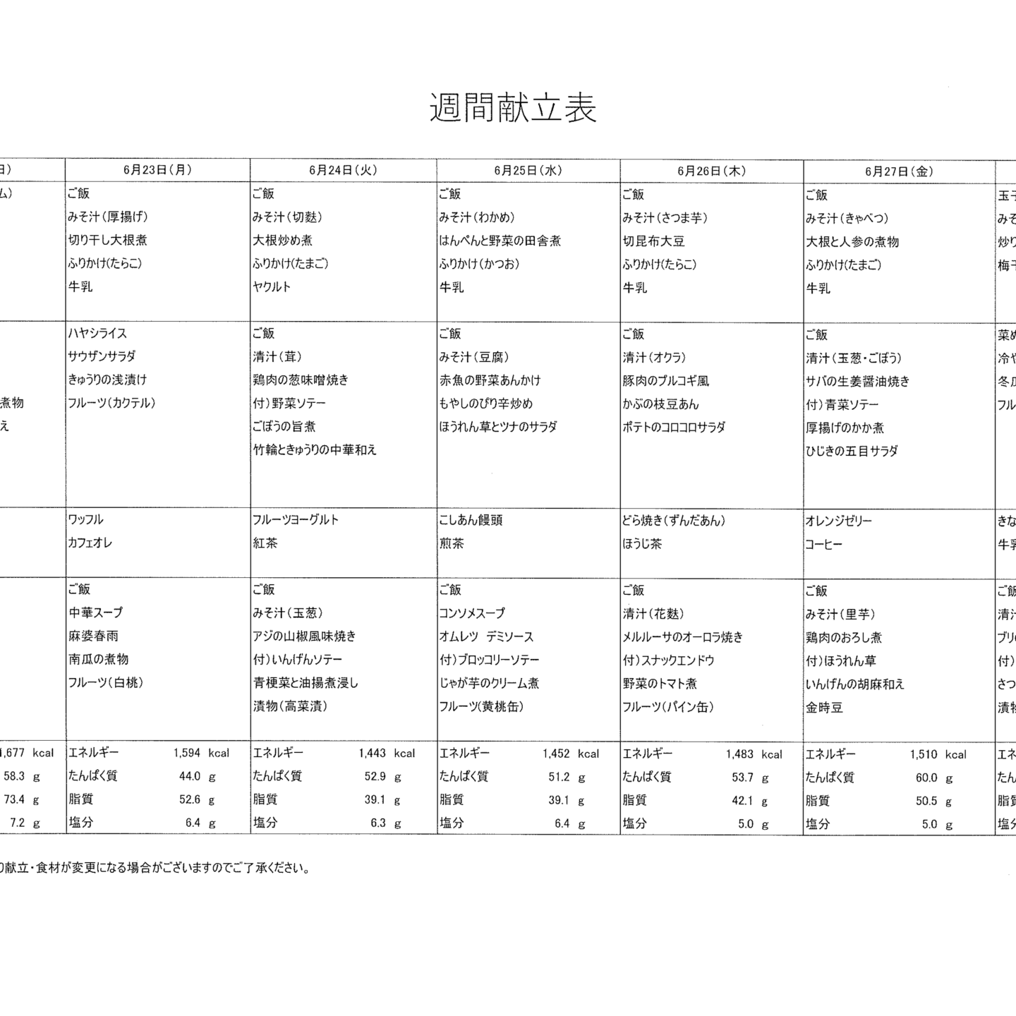 献立表6/22～6/28