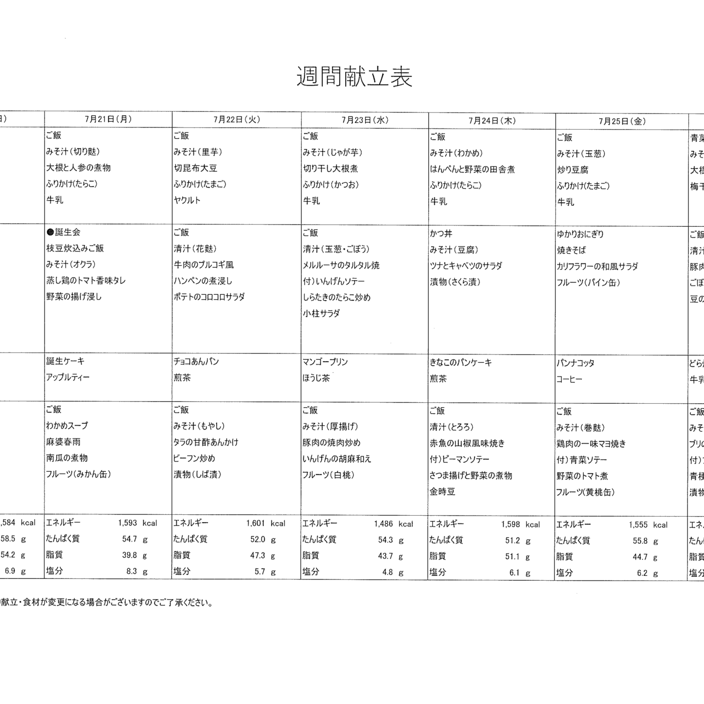 献立表7/20~7/26