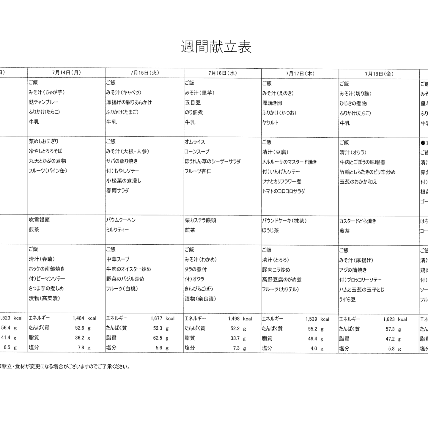 献立表7/13～7/19