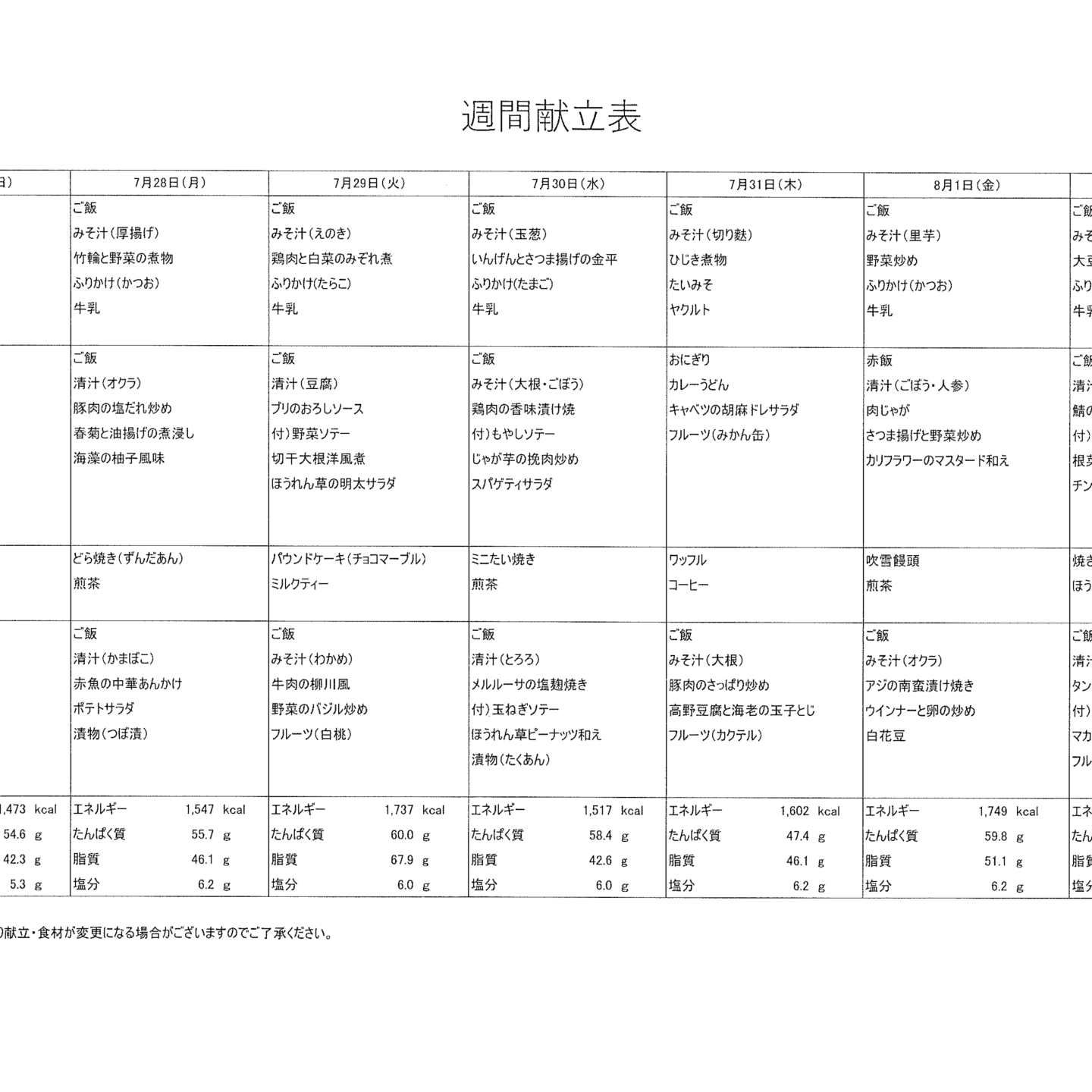 献立表7/27～8/2