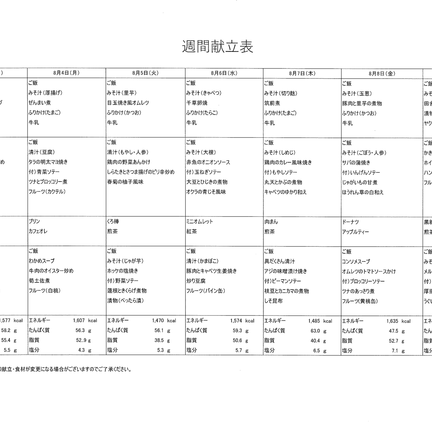 献立表8/3～8/9