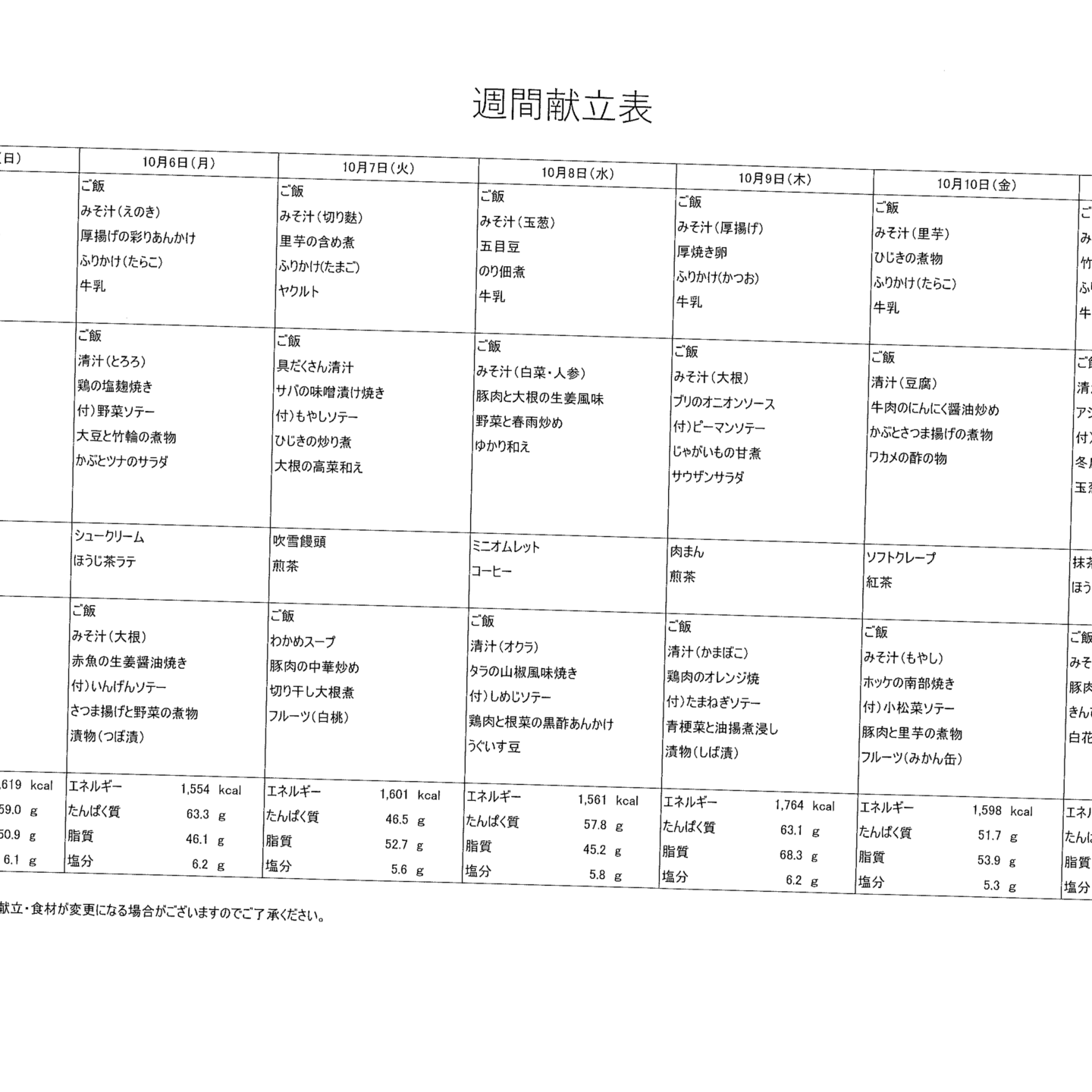 献立表10/5～10/11