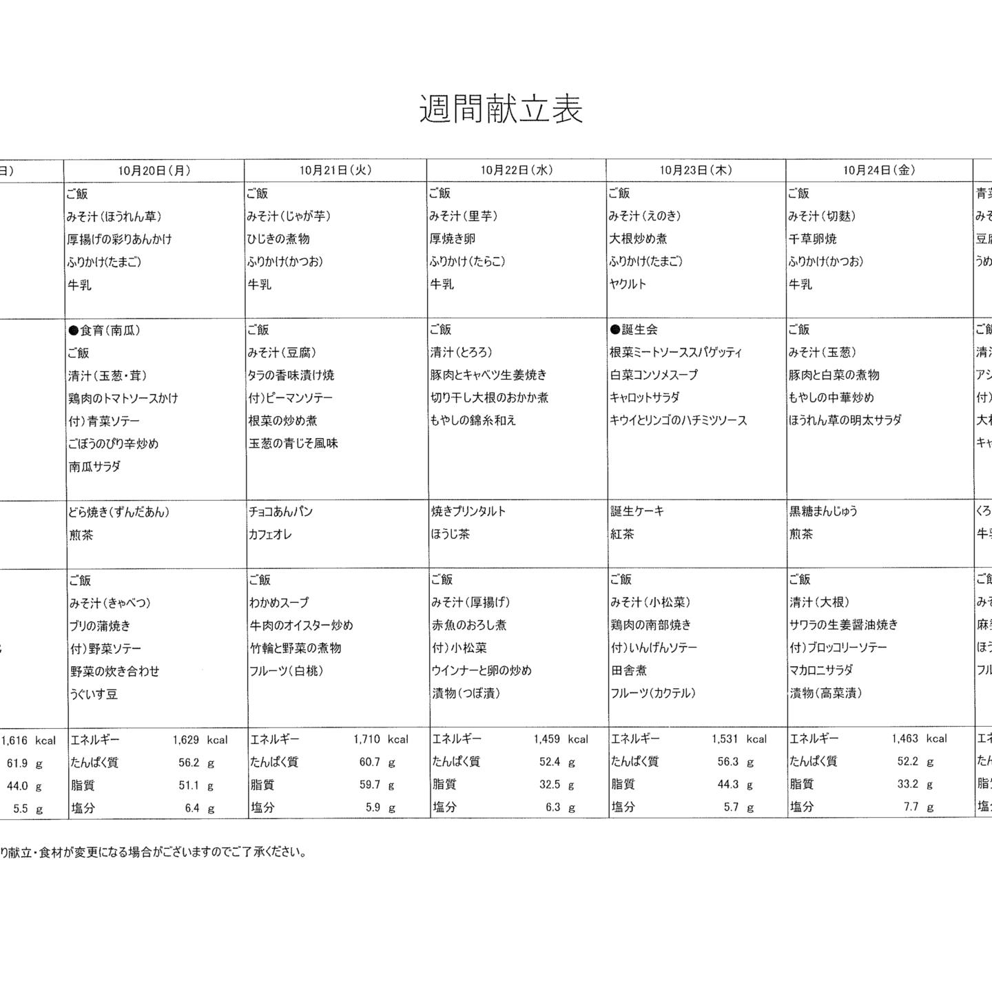 献立表　10/19～10/25