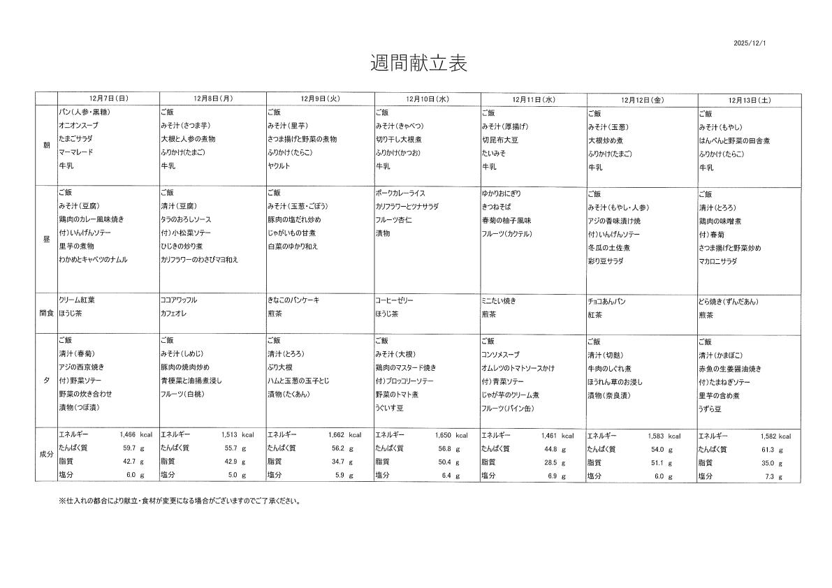 献立表（12/7～12/13）