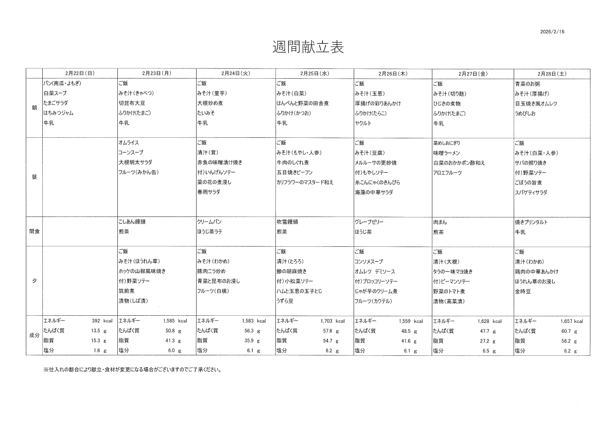 献立表（2/22～2/28）