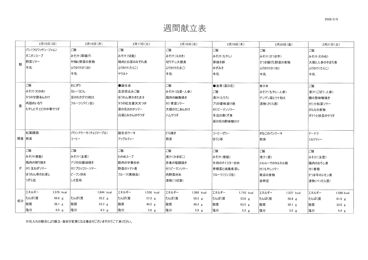 献立表（2/15～2/21）