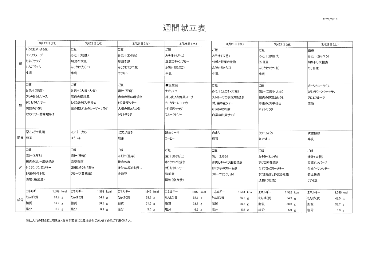 献立表（3/22～3/28）