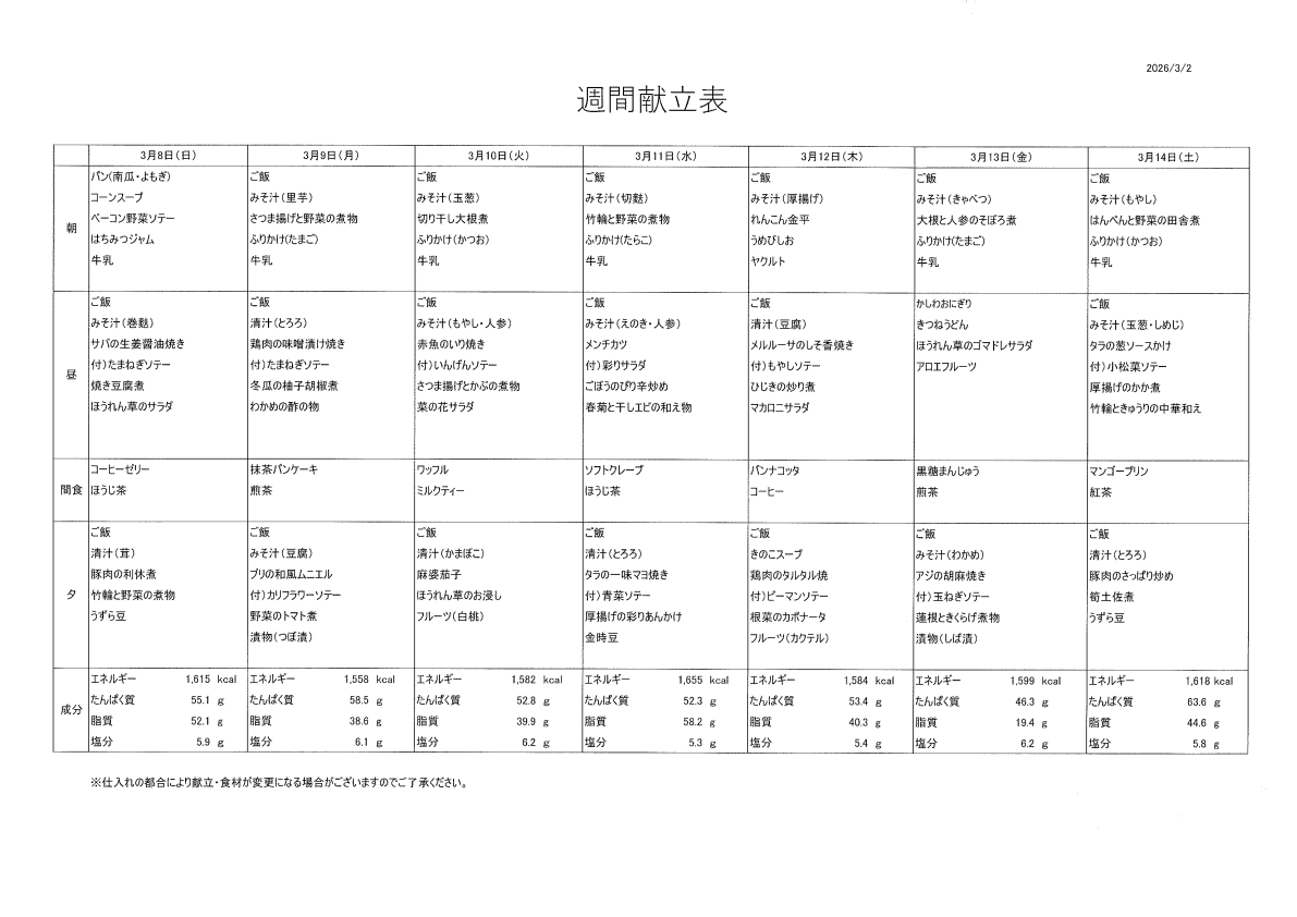 献立表(3/8～3/14)